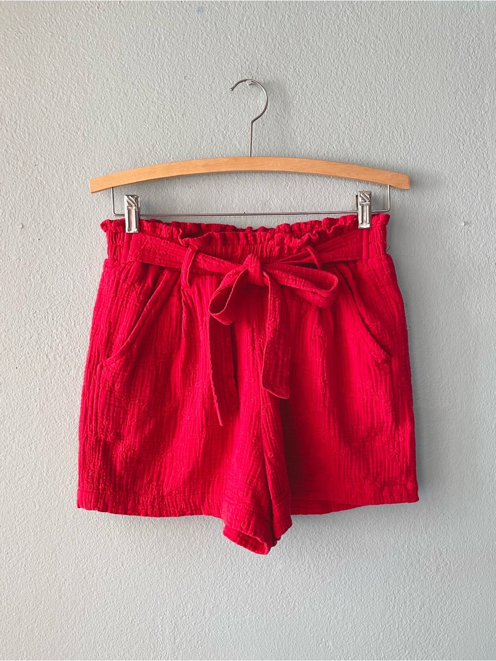 🌻5/$15🌻 Knox Rose | Bright Red Pointelle Tie-Waist Cotton Gauze Shorts